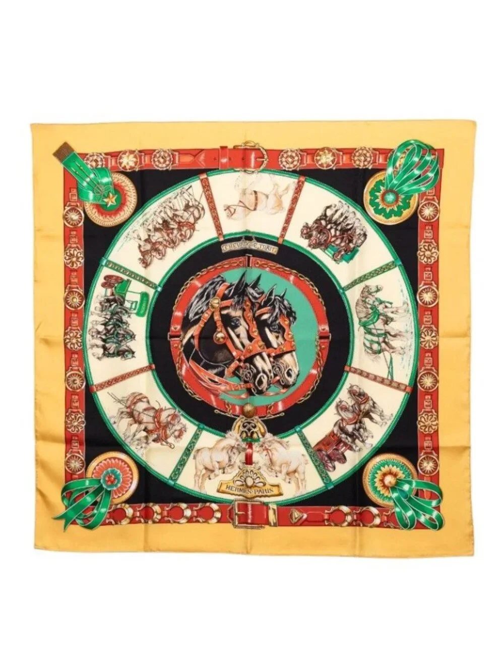 Hermes Carre 90 Chevaux de Trait Scarf Yellow Multicolor Silk